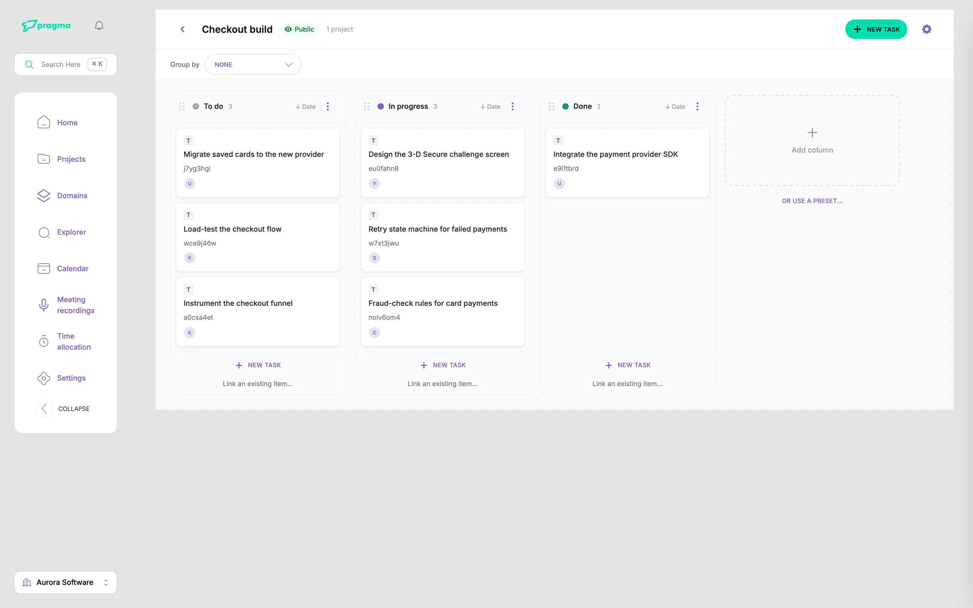 Pragma board with To do, In progress and Done columns holding the checkout build tasks