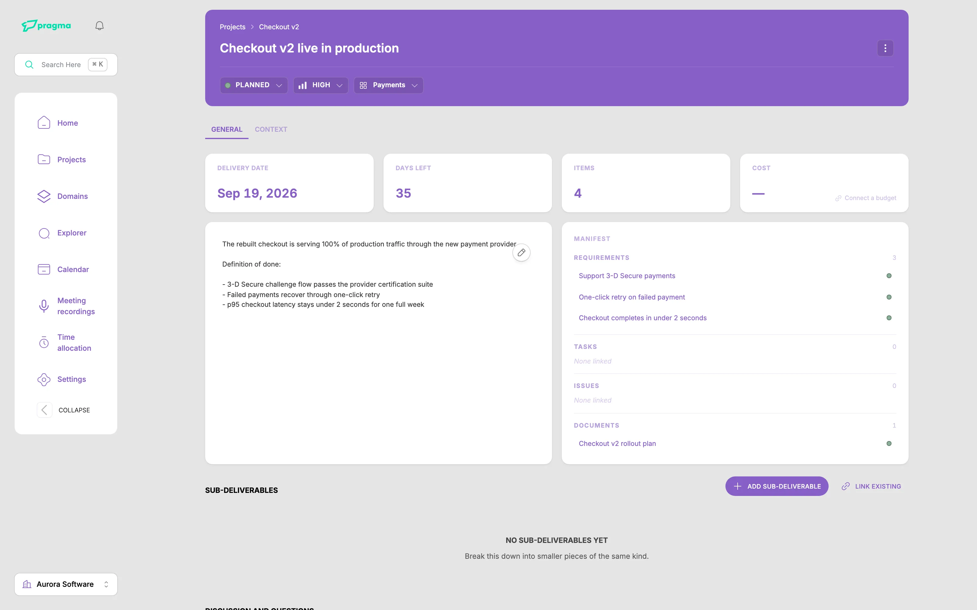 A Pragma deliverable page showing its manifest: linked requirements with status dots and a governing rollout-plan document