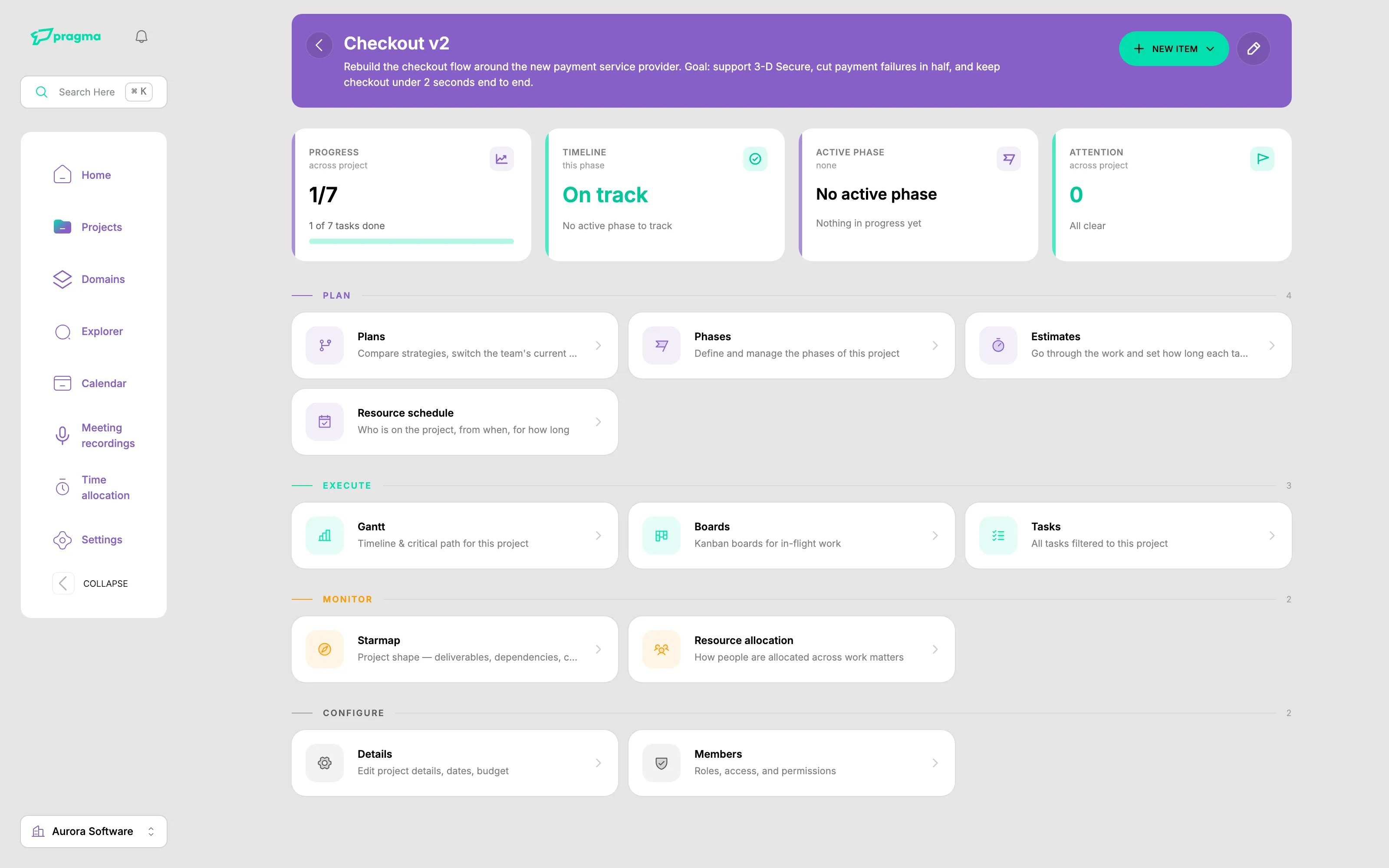Pragma project overview: progress, timeline health, active phase and attention tiles above plan, execute and monitor sections